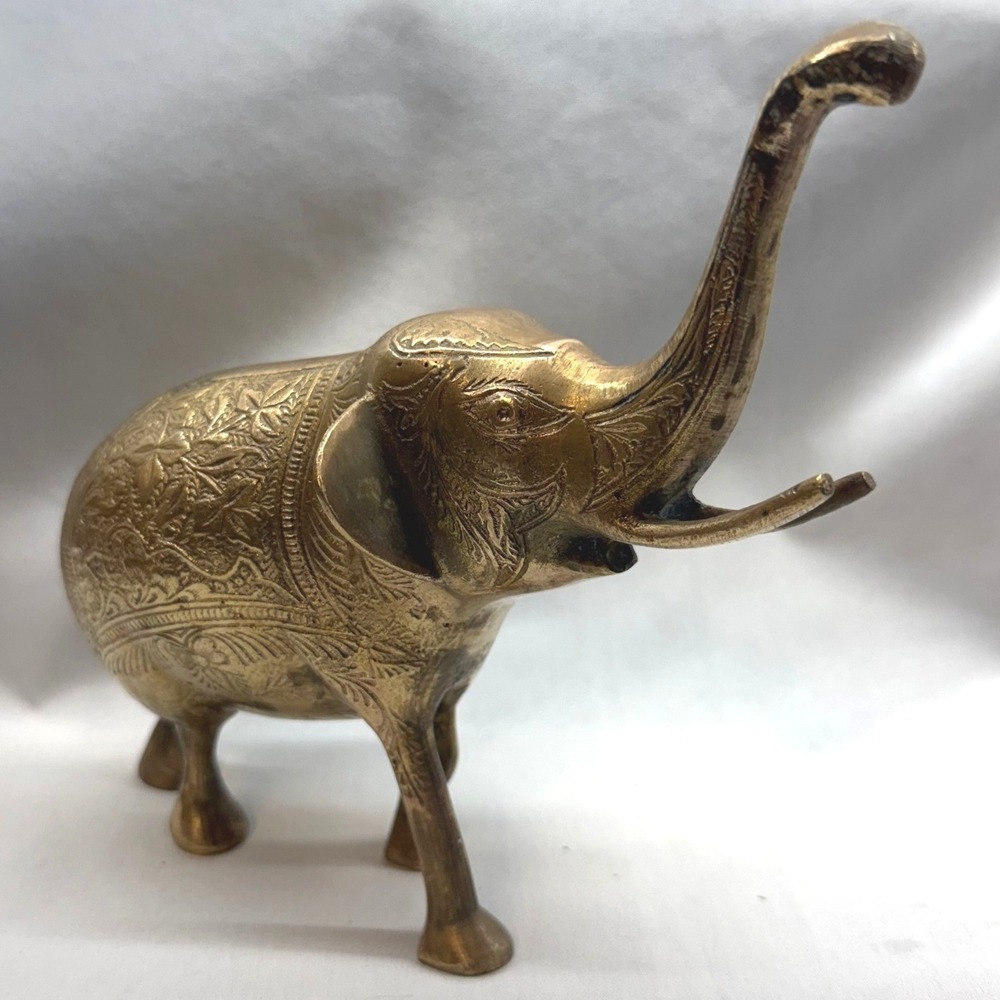 Vintage Brass Elephant Figurine Home Decor Gold 5.75" Good Etched Lucky Trunk Up